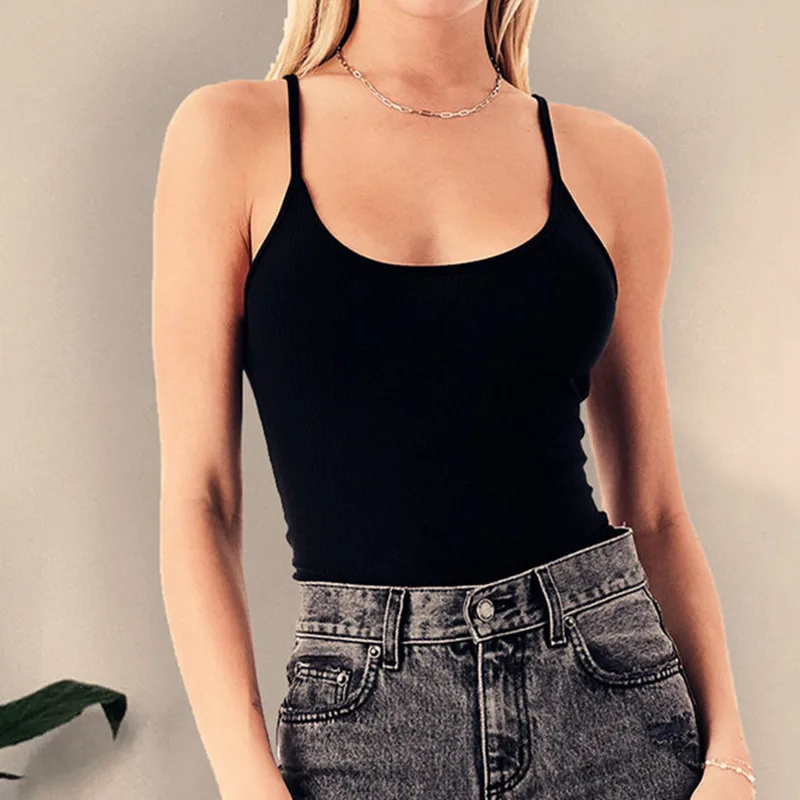 

Spring 2021 Fashion Solid Color Ribbed Y2k Top One-piece Female Tank Top Women Slim Sexy Suspender Pearl Decoration Halter Vest