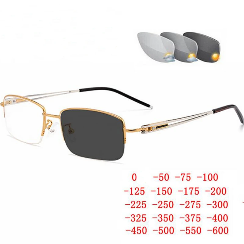 

Sun Photochromic Semi-Rimless Square Myopia Glasses Finished Unisex Metal Steampunk Prescription Spectacles 0 -0.5 -0.75 To -6.0