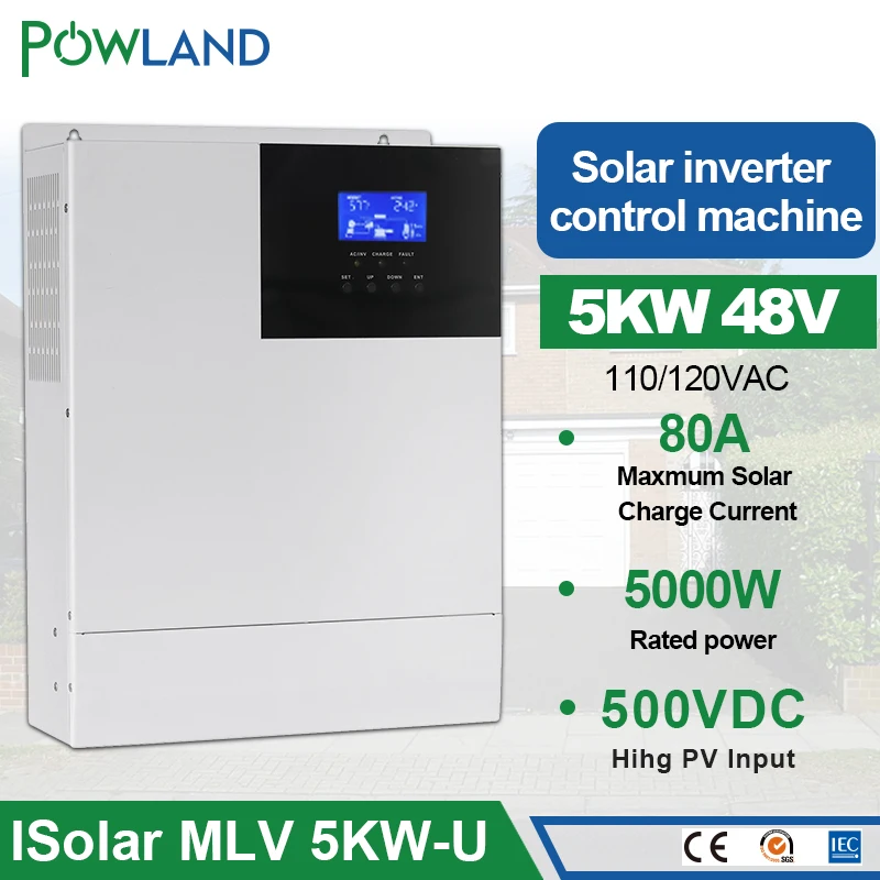 

Инвертор солнечной энергии Powland, 48 В, 110 В, 5000 Вт, гибридный инвертор MPPT, немодулированный синусоидальный сигнал 50/60 Гц, PV В постоянного тока