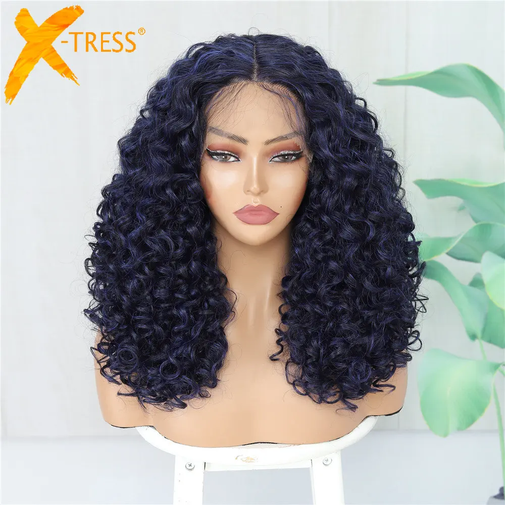 

X-TRESS Black Mix Blue Synthetic Curly Wigs For Women 16 Inch Fluffy Bouncy Curl Heat Resistant Middle Part Hair Wig Pre Plucked