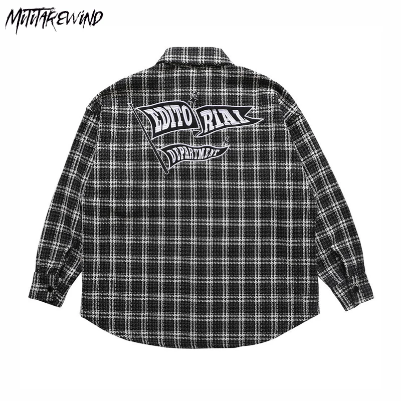 

High Street Letter Embroidery Plaid Shirt Lapel Long-sleeved Coat Spring Autumn Loose Casual Fine Plaid Shirt Streetwear Unisex