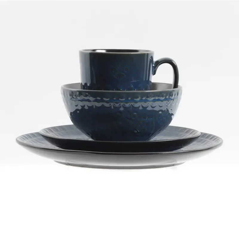 

Stylish Contemporary 16 Piece Blue Stoneware Dinnerware Set - Perfect for Large Gatherings and Everyday Use.