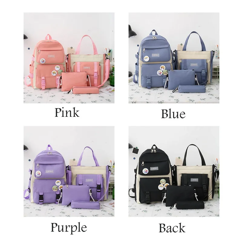 4 Pcs Set Women Backpack Harajuku Laptop Canvas School Bags For Teenage Girls Kawaii College Student Kids Book Bag Rucksack