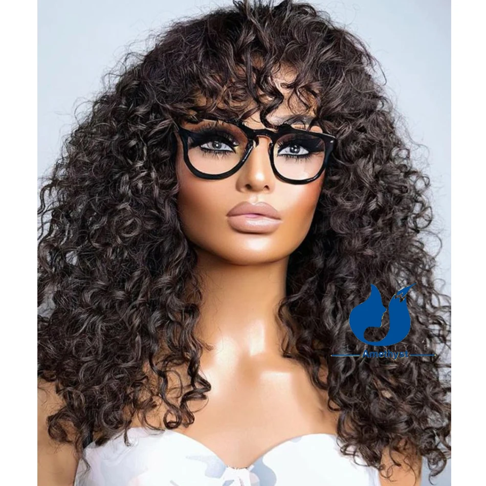 

Amethyst 200% Curly Full Machine Made Human Hair Wig With Bangs For Black Women Brazilian Long Bang Wig Scalp Top Glueless