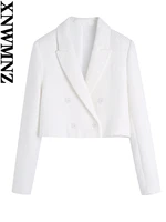 xnwmnz 2022 women fashion white textured cropped blazer female vintage lapel collar long sleeves shoulder pads cropped jacket