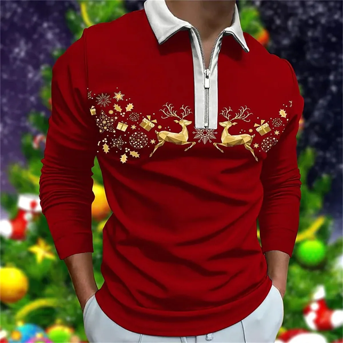 

Men's Casual Polo shirt Long sleeve Polo shirt new Christmas Polo shirt Autumn/winter street casual fashion men's top S-3XL