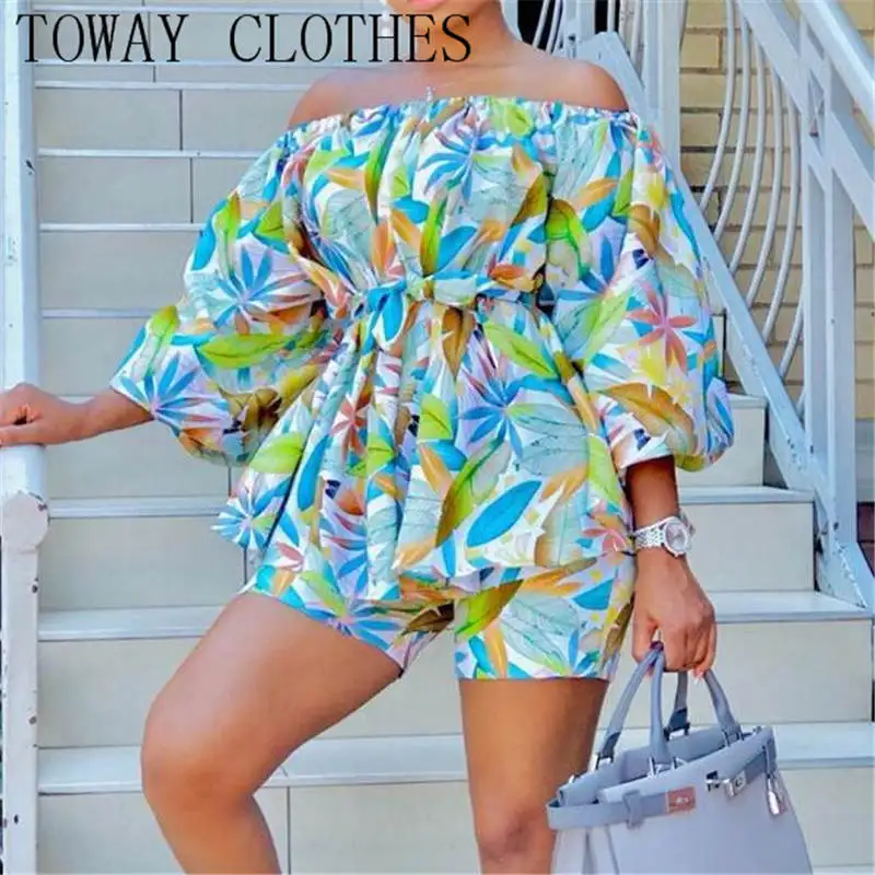 

Leaves Print Off Shoulder Belted Tops & Shorts Set Spring Summer Casual Women 2 Piece Set