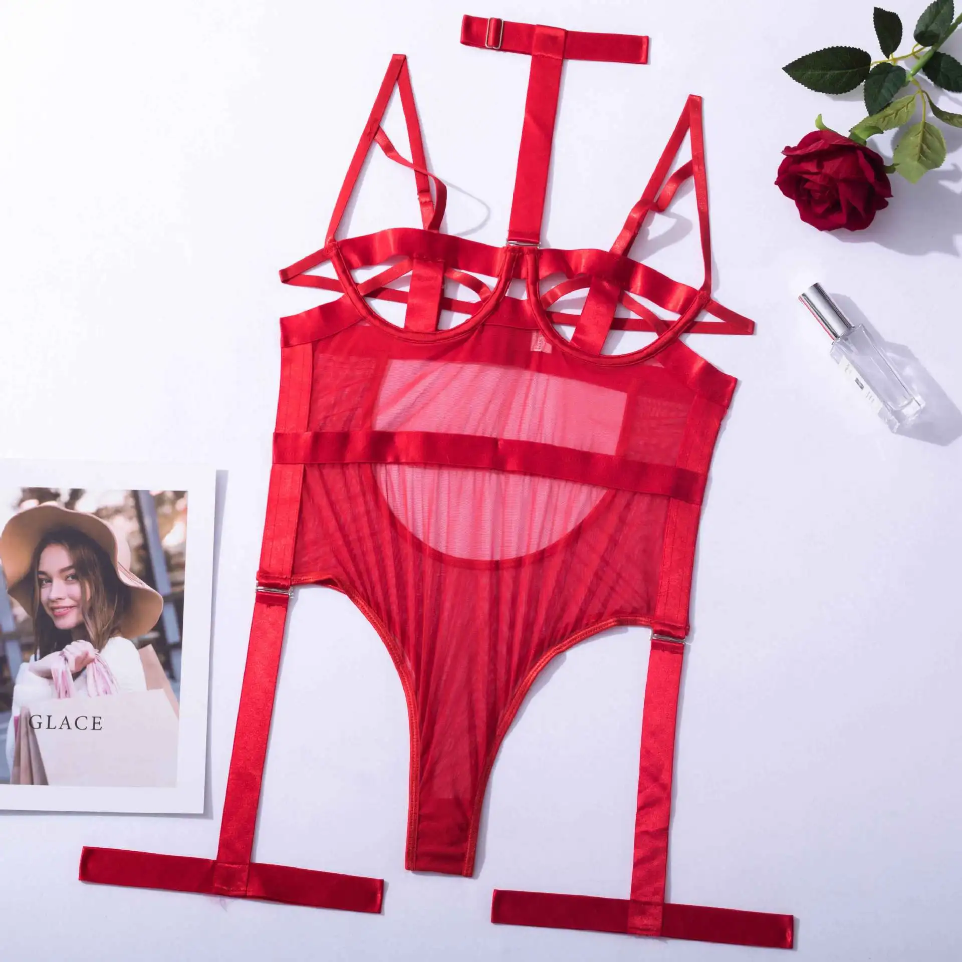 Sexy Fine Lingerie Halter Bodysuit Women Lace Body With Garter Bandage Teddy Erotic Costumes Open Croch Babydoll