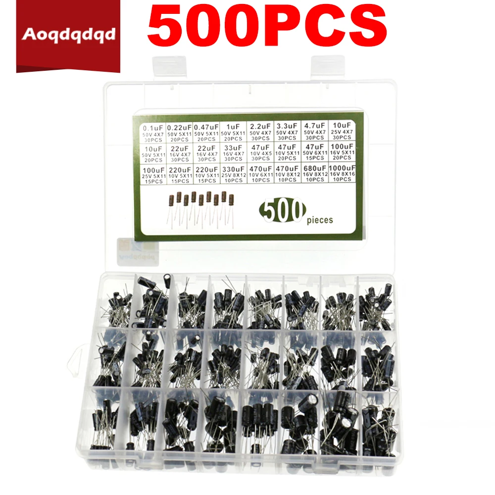 

500PCS 24 Values Electrolytic Capacitor Mixed SMD Electrolyte Capacitors 10V 16V 25V 50V 0.1uF-1000uF Electronic Kit for Arduino