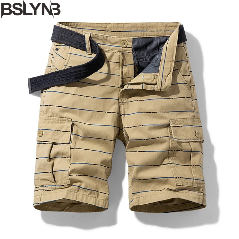 

Fashion Summer Men's Cotton Cargo Shorts Striped Casual Cargo Pants
