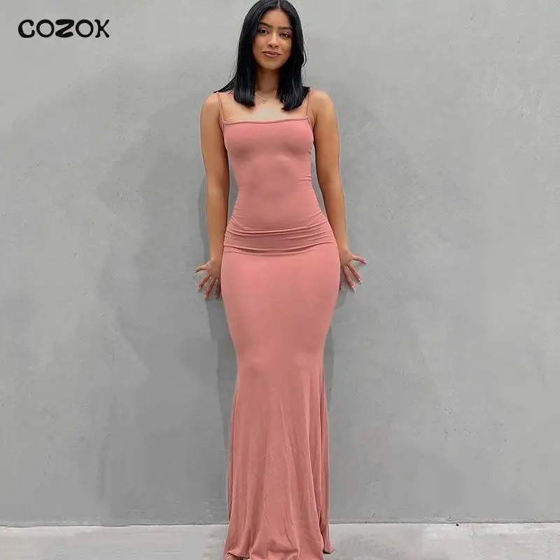 

COZOK Square Collar Sexy 2022 New Dress Sheath Women Sleeveless High Street Formal Party Dresses Gown Solid Camisole Dressing