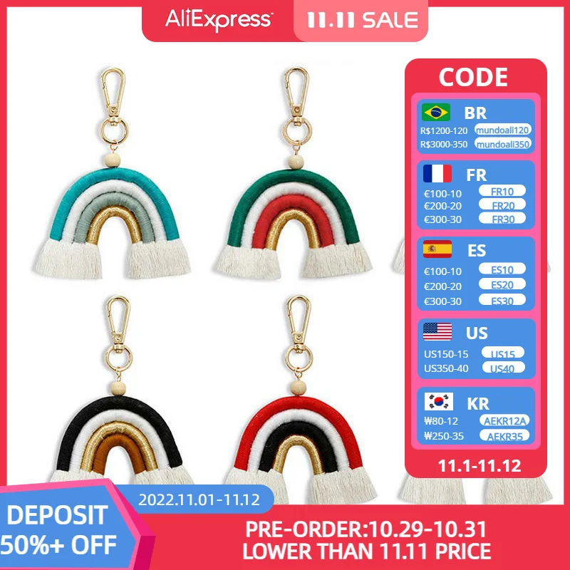 

Handwork Colorful Arch Tassel Keychain Cotton Fringe Rainbow Key Rings Bag Pendant Accessories Anniversary Gift KC00107
