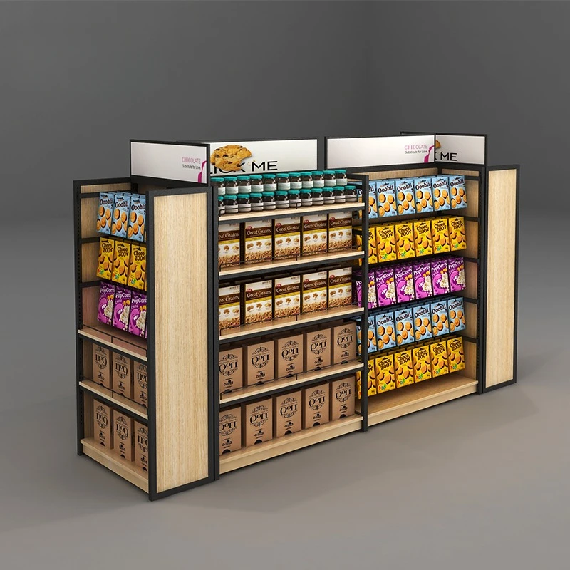 

Custom Free Standing Cookie Stand Supermarket Candy Wood Shelves Advertising Food Snack Display Rack