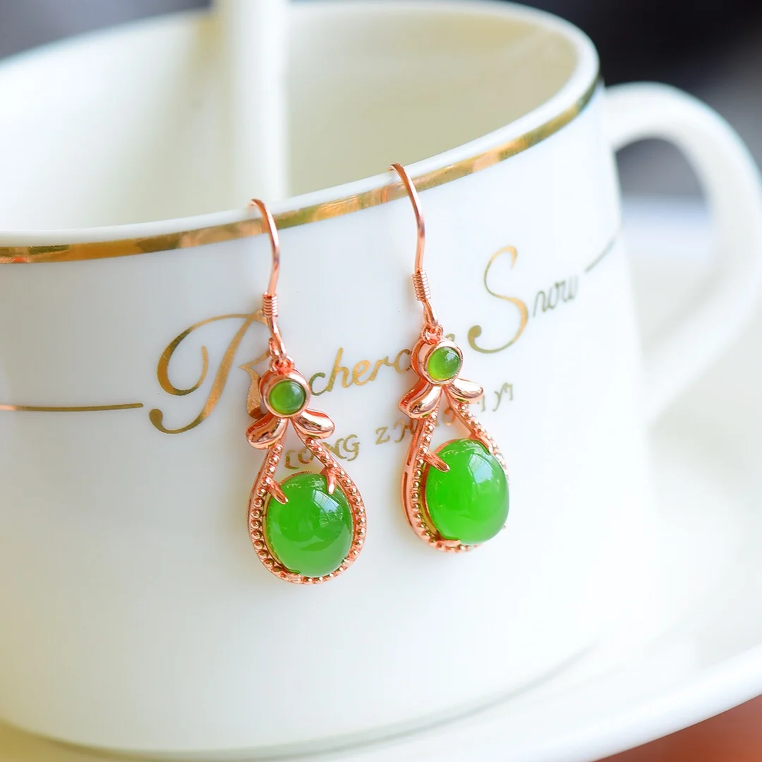 

12006-1# Sweet Lady Women Round HETIAN Green Jade S925 Pure Silver Natural Nephrite Cheongsam Earrings