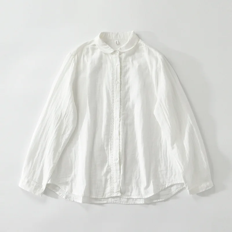 

Весенняя хлопковая блузка Mori Girl с длинным рукавом свободного кроя с отложным воротником однобортная белая рубашка Корейская кружевная Офисная Женская блузка с ушками