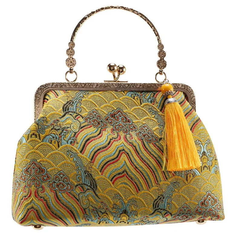 

NEW-Retro Su Haiya Wind Cloth Bag Temperament Elegant Tassel Cheongsam Bag Gold Banquet Bag Portable Diagonal Package