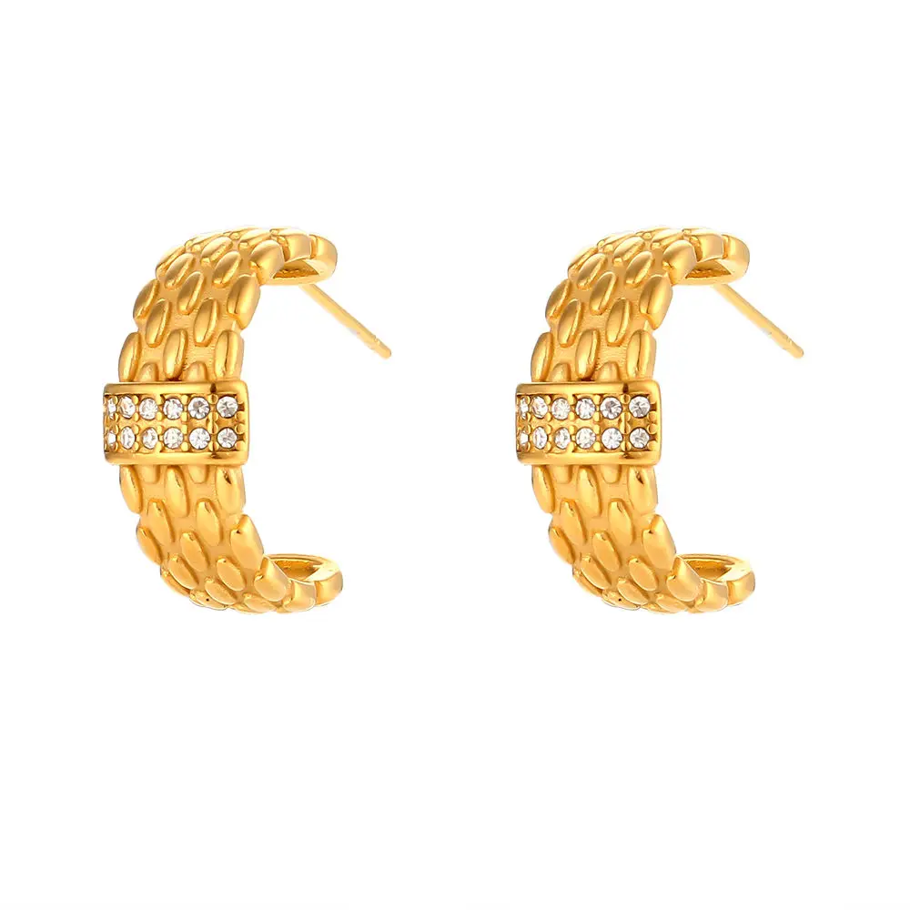 

Vintage Woven Pattern C Shape Zircon Hoop Earrings Stainless Steel 18K Gold Plated Earring For Women