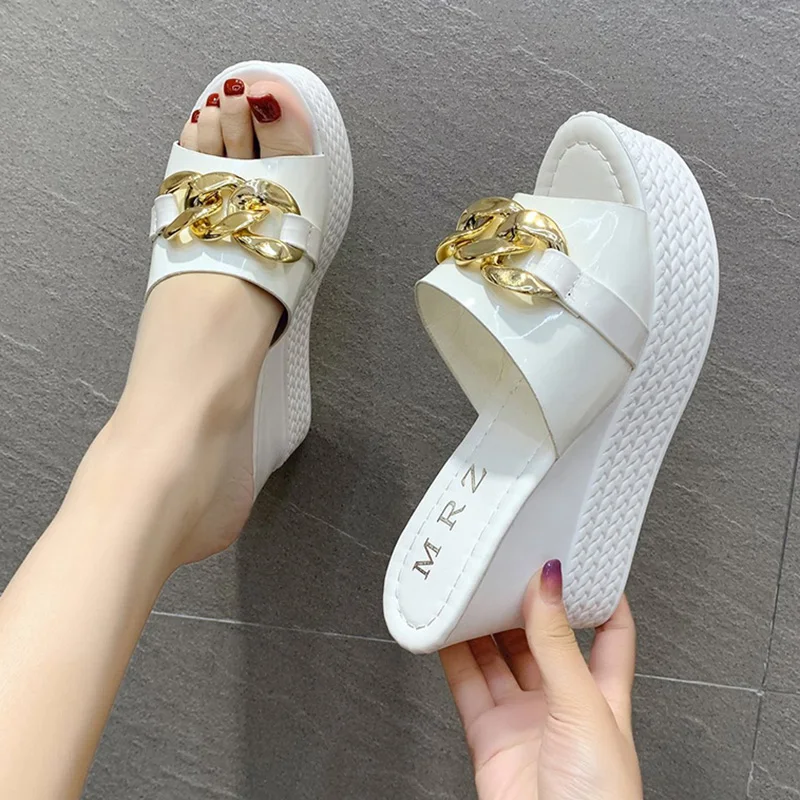 

Platform Chain High Heels Slippers Women's Wedding Shoes Summer 2023 New Casual White Black Wedges Slides Ladies Beach Slippers