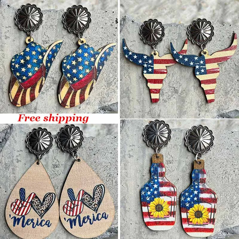 

Trend Independence Day Wooden Earrings 2023 For Women Western Cowboy Sunflower Boots Hat Cowhead Studs Earring Free Shipping