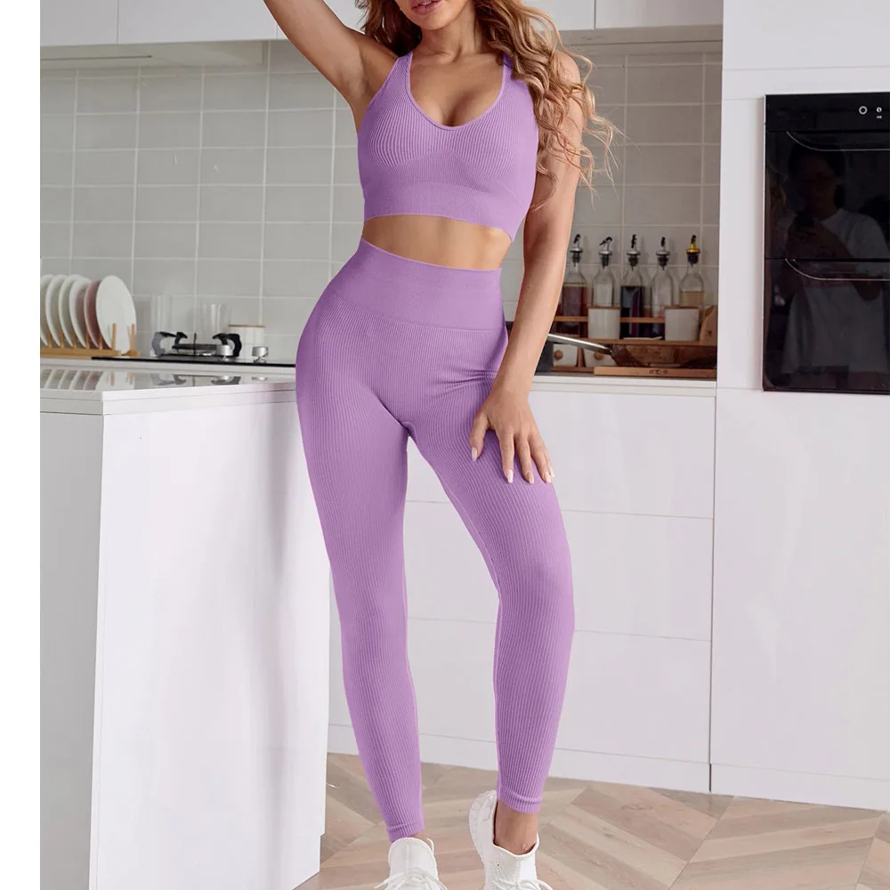 2 Piece Yoga Set Seamless Yoga Leggings Fitness Wear Women Sports Bra Gym Pants Workouts Clothes for Women Ribbed Outfits