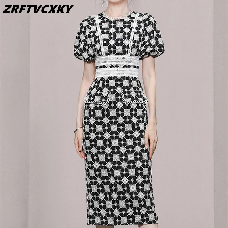 

Summer New Women Flower Embroidered Dresses Chic Lantern Sleeves Office Sheath Party Pencil Dress Elegant Simple Vestidos