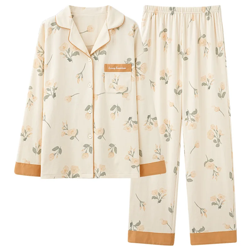 Pajamas Long-Sleeved Female Temperament Spring And Autumn Lapel Cotton Women's Pajamas Cardigan Sweet Thickened Home Pajama Sets
