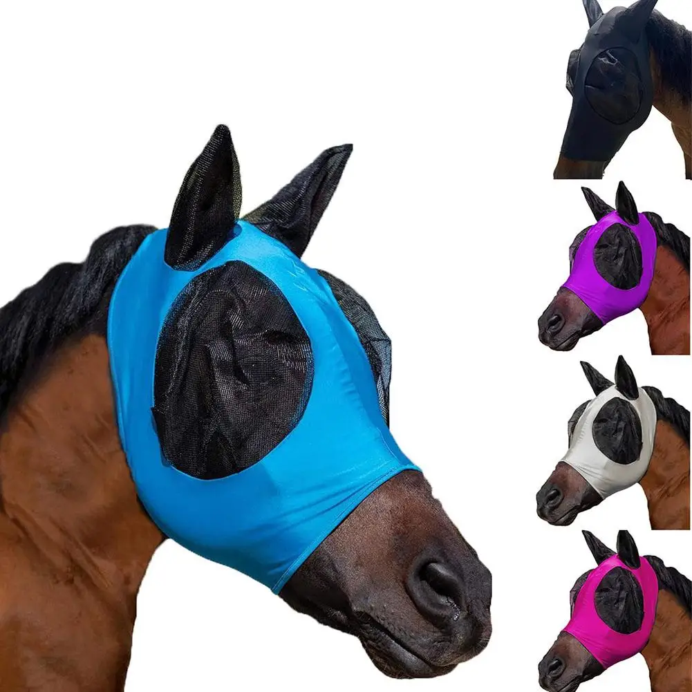 

1pcs Horse Masks Anti-Flyworms Anti Mosquito Breathable Stretchy Knitted Mesh Fly Mask Long Nose with Ears Equestrian Equipment
