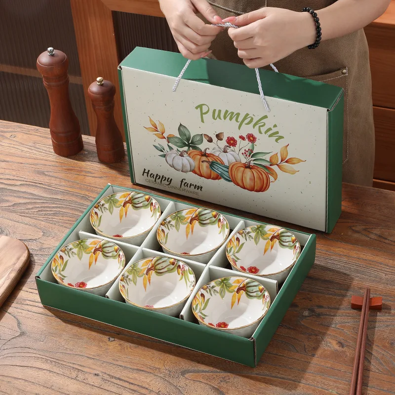 

Pumpkin Bowl Fresh Ins Style Ceramic Bowl Light Luxury Tableware Rice Bowl Soup Bowl New Year Goods Relocation Gift Box Bowl
