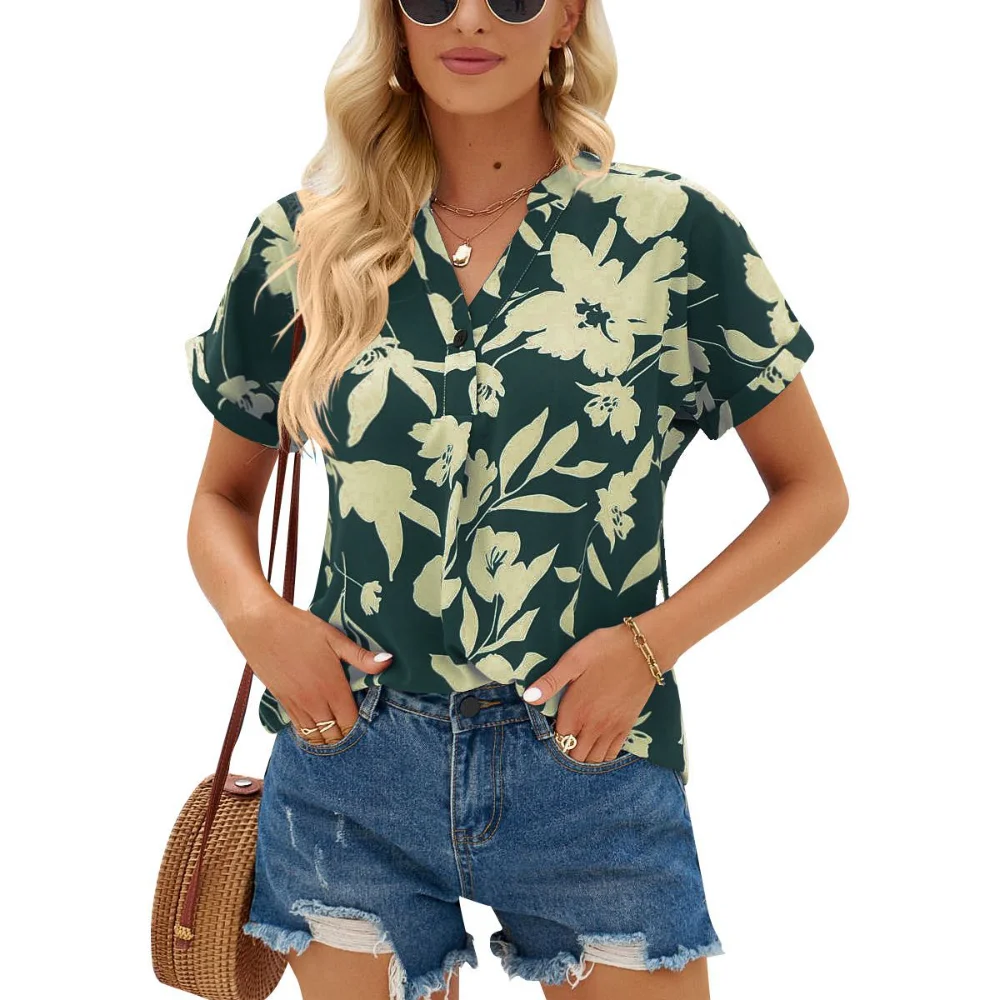 

Chic and Comfortable Floral Print V-Neck Short Sleeve Blouse for Women 2023 Summer Chiffon Shirt for Commuting Women Tops