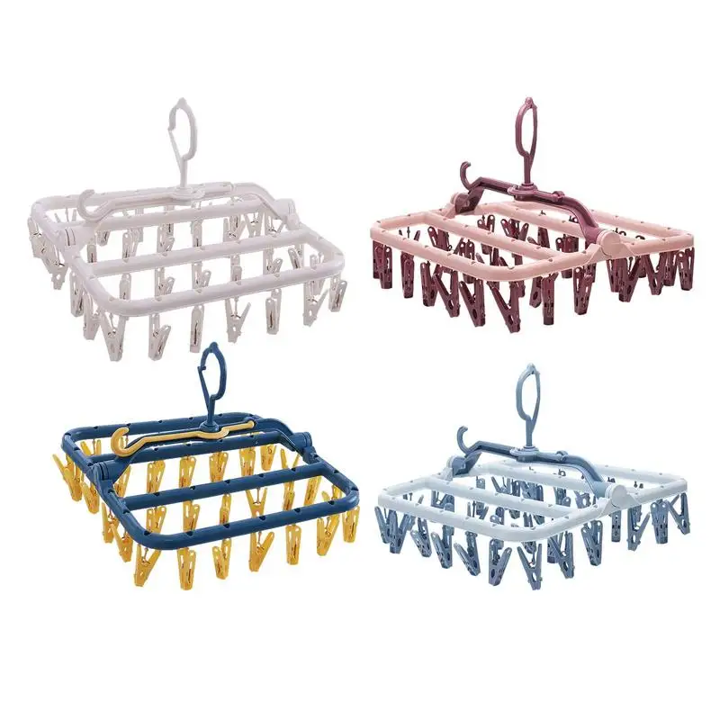 

32 Clips Rotatable Windproof Socks Underwear Drying Rack Folding Clothes Sock Drip Hanger Household Children Adults Storage Rack