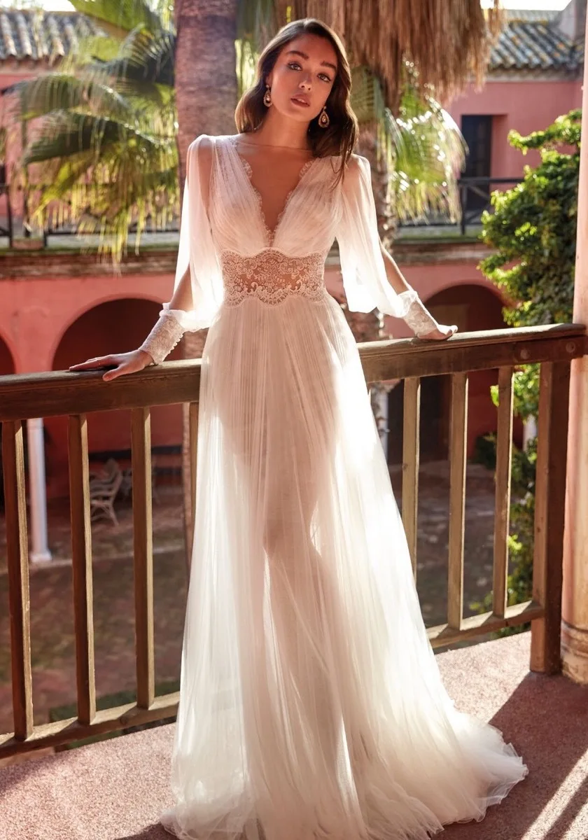 2023 New Charming Mesh Dress Long-sleeved Wedding Dress Banquet Dress V-neck Lace Mesh Dress Sexy Beach Wedding Dress Prom Dress