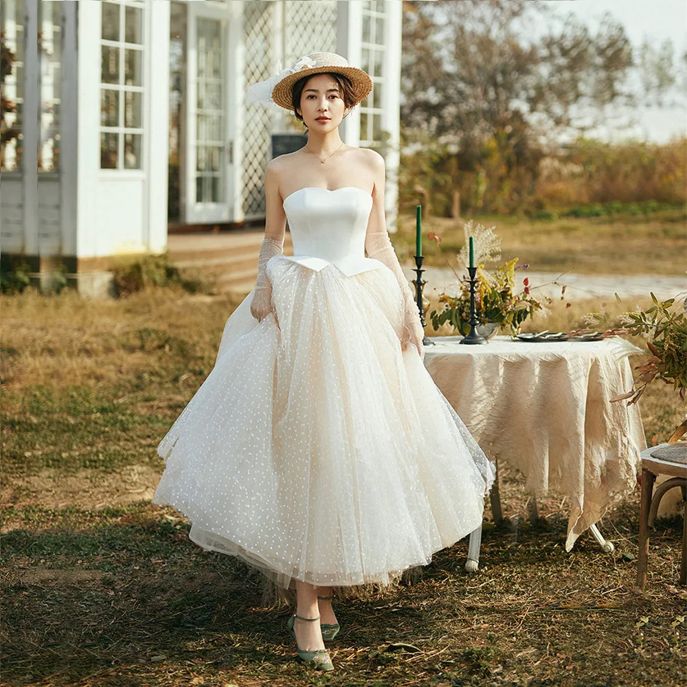 

Women White Puffy Wedding Dress Stain Strapless A-Line Tulle Polka Dot Evening Dresses Classic Vintage Cocktail Gown