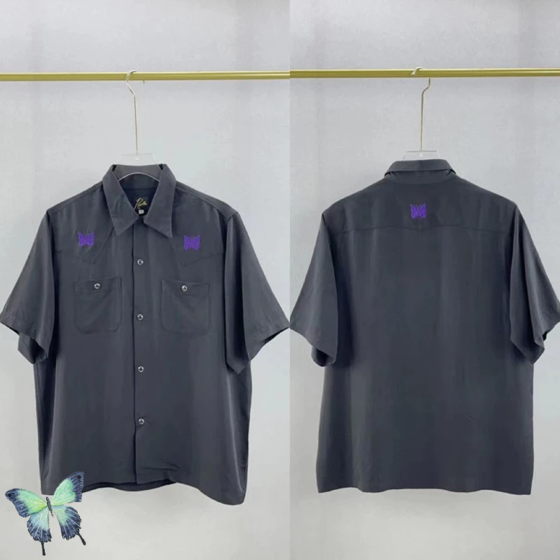 AWGE NEEDLES Butterfly Embroidered Short Sleeve Casual Shirt