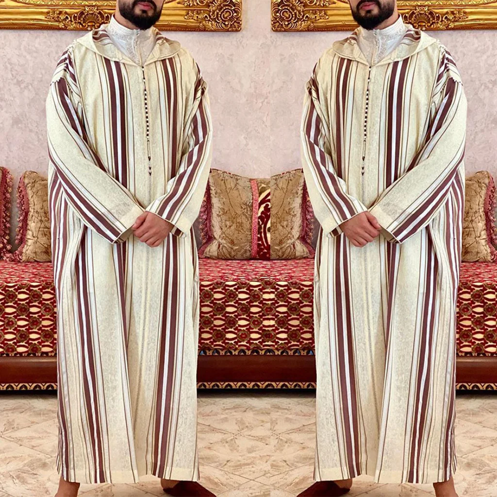 

Lapel Muslim Mens Long Sleeve Middle East Saudi Arab Kaftan Islamic Abaya Dress Dubai Robes With Striped Pattern