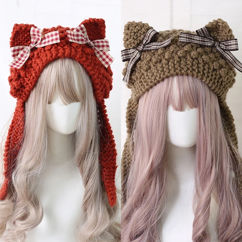 

Cute Daily Beanie Knit Hats Lovely Warm Winter Caps Animal Ears Design Lace Decorations Headwear for Adults Teens