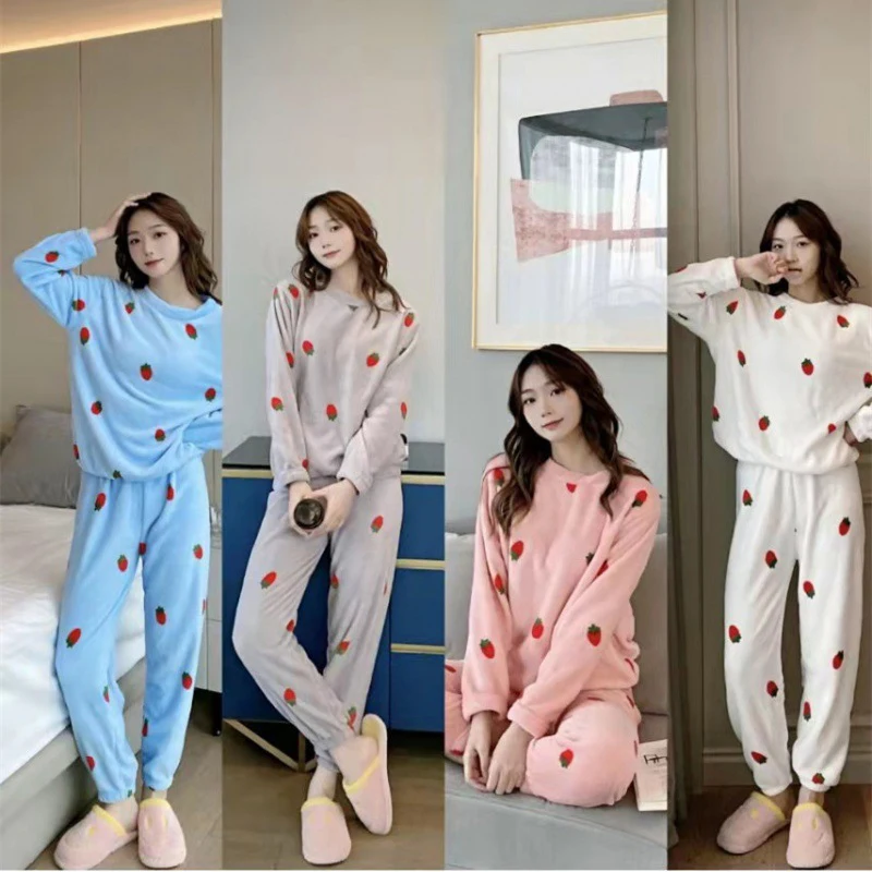 Women's Flannel Pajama Suit Cartoon Cute Winter Thickened Warm Long Sleeve Pajamas Round Collar Pullover Wear Household Clothes
