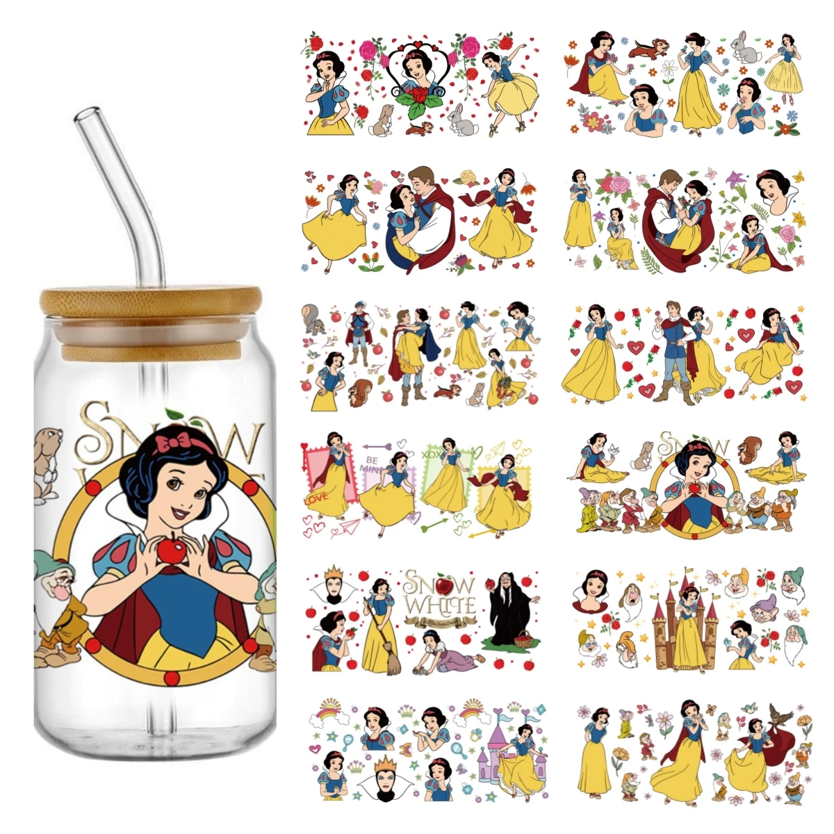 Фото Наклейки Funko Snow White Princess, 17 листов, УФ-печать, DTF-пленка. Можно использовать на кружках, стеклянных шкафах, телефонах, компьютерах, столах и т.д. №1
