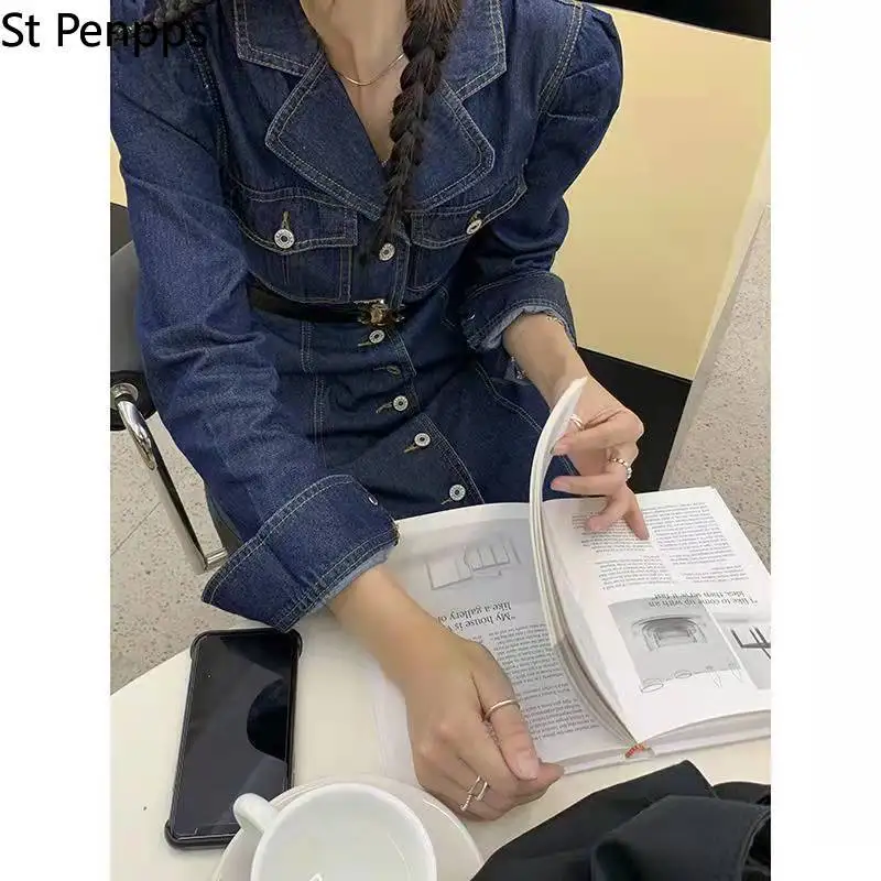 Винтажное Синее джинсовое платье для женщин весеннее длинное с отложным