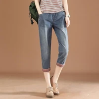 womans jeans capris harem denim pants ladies cropped trousers loose calf length jeans women elastic high waist mom jeans 3xl