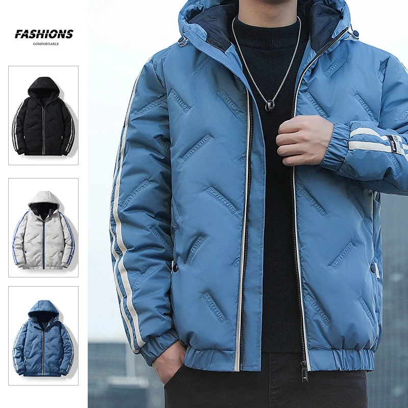 Mens Winter Jacket Hooded Zipped Down Striped Casual Winter Warm Coat Mens Clothing Plus Size M-4XL