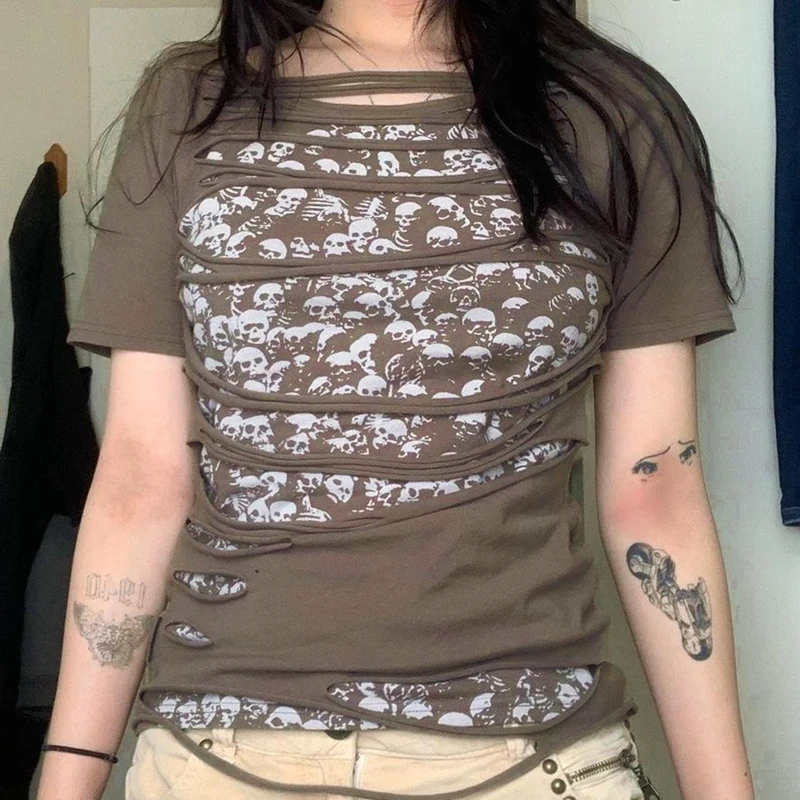 

Y2K Punk Hip Hop Crop Top Harajuku Skeleton Print T Shirt Girl Gothic Streetwear Fashion Vintage Hollow Women Shorts Sleeve Tees