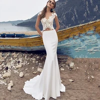 simple lace appliques mermaid wedding dress o neck cap sleeves out fit bridal gown for women satin court train vestidos de novia