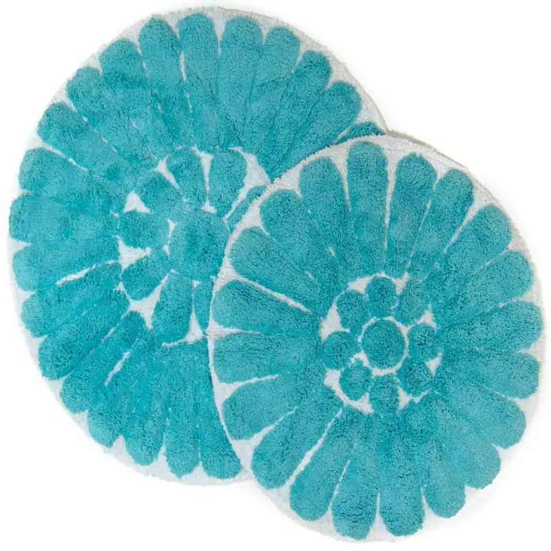 

Elegant White & Aqua 2 Pieces Round Washable Bath Rug Set (24" & 30") of Flower Design for Comfortable Bathroom Decoration.