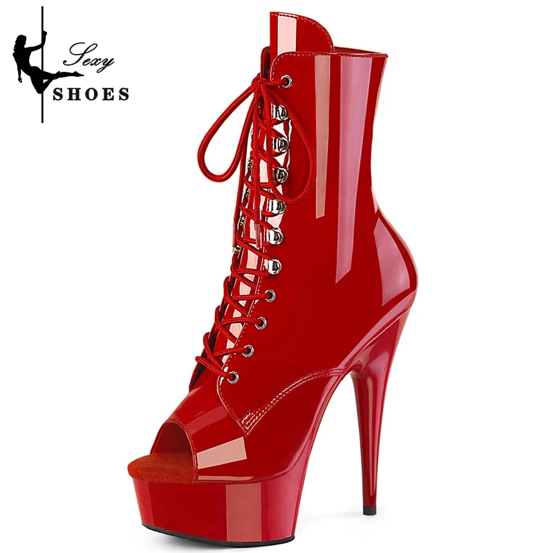 

New Female Leather Boots Open Toe Peep Toe Strappy Platform Ultrahigh Heel 15CM/6Inch Ankle Boots Pole Dancing Large Size Shoes