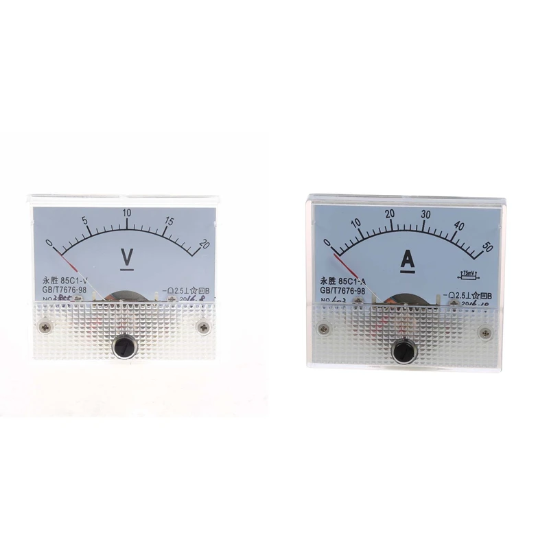 

1 шт. Вольтметр постоянного тока 0-20 в 85C1-V класс 2,5 аналоговая панель вольтметра и 1 шт. 85C1 DC 0-50A прямоугольный аналоговый панельный амперметр