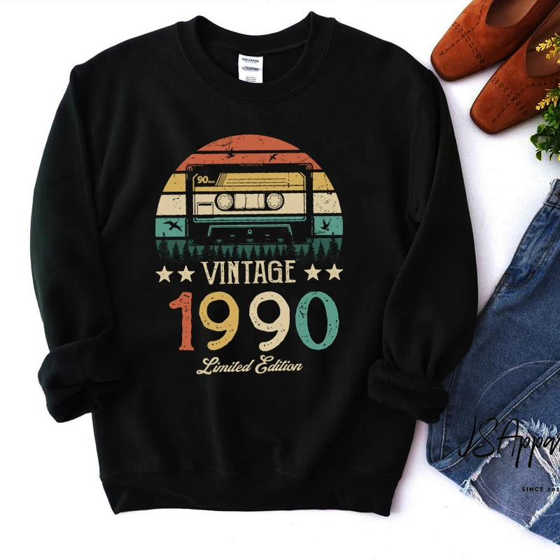 

Original Design Vintage Magnetic Tape 1990 30th 30 Years Old Women Sweatshirt Harajuku O Neck Birthday Party Clothes Jumper Top