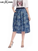 lih hua womens plus size denim skirt cotton woven high stretch slim fit printed casual skirt with pockets