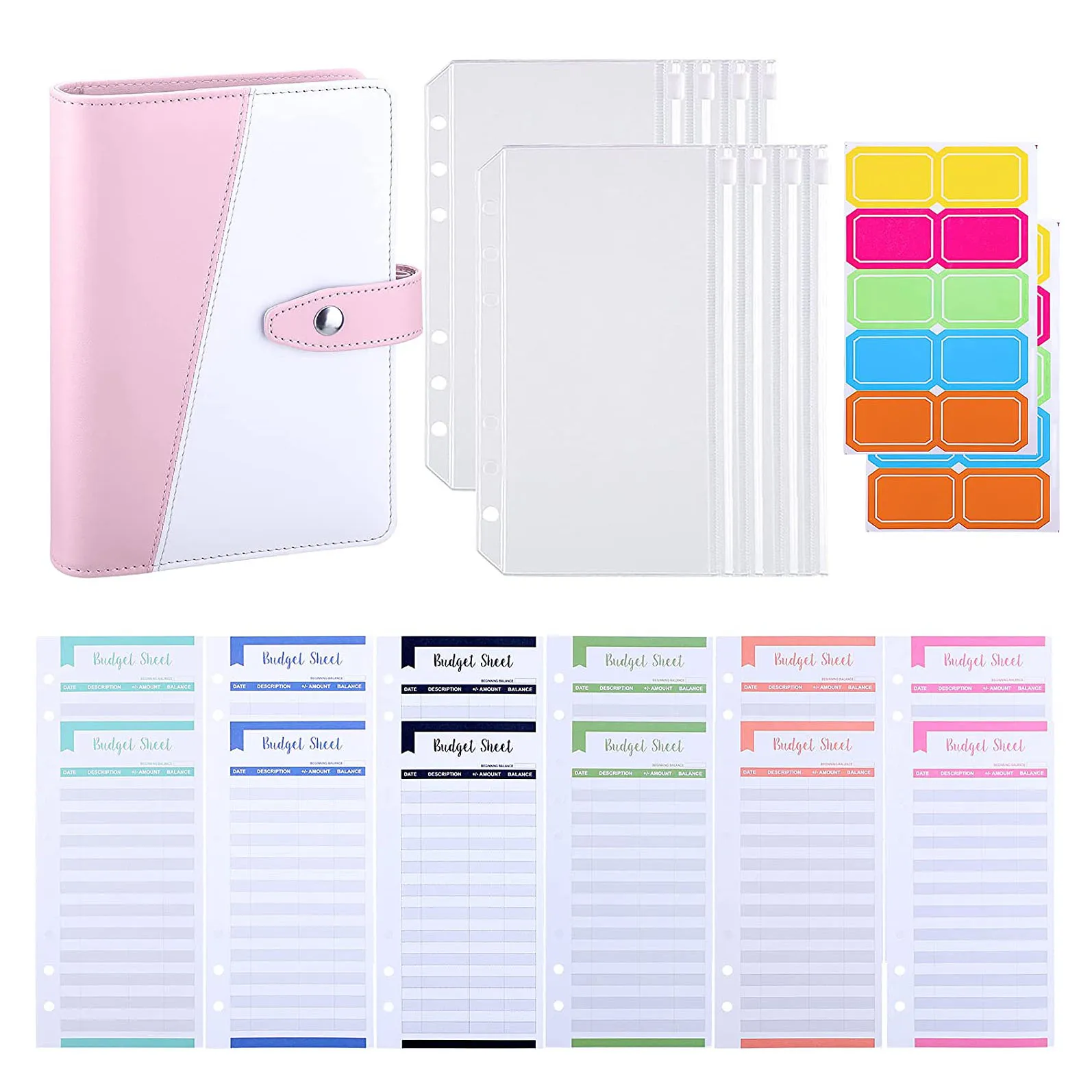 

A6 PU Leather Binder Budget Envelopes Planner Organizer with 12 Budget Sheets 8 Binder Pockets,Label Stickers for Money Saving