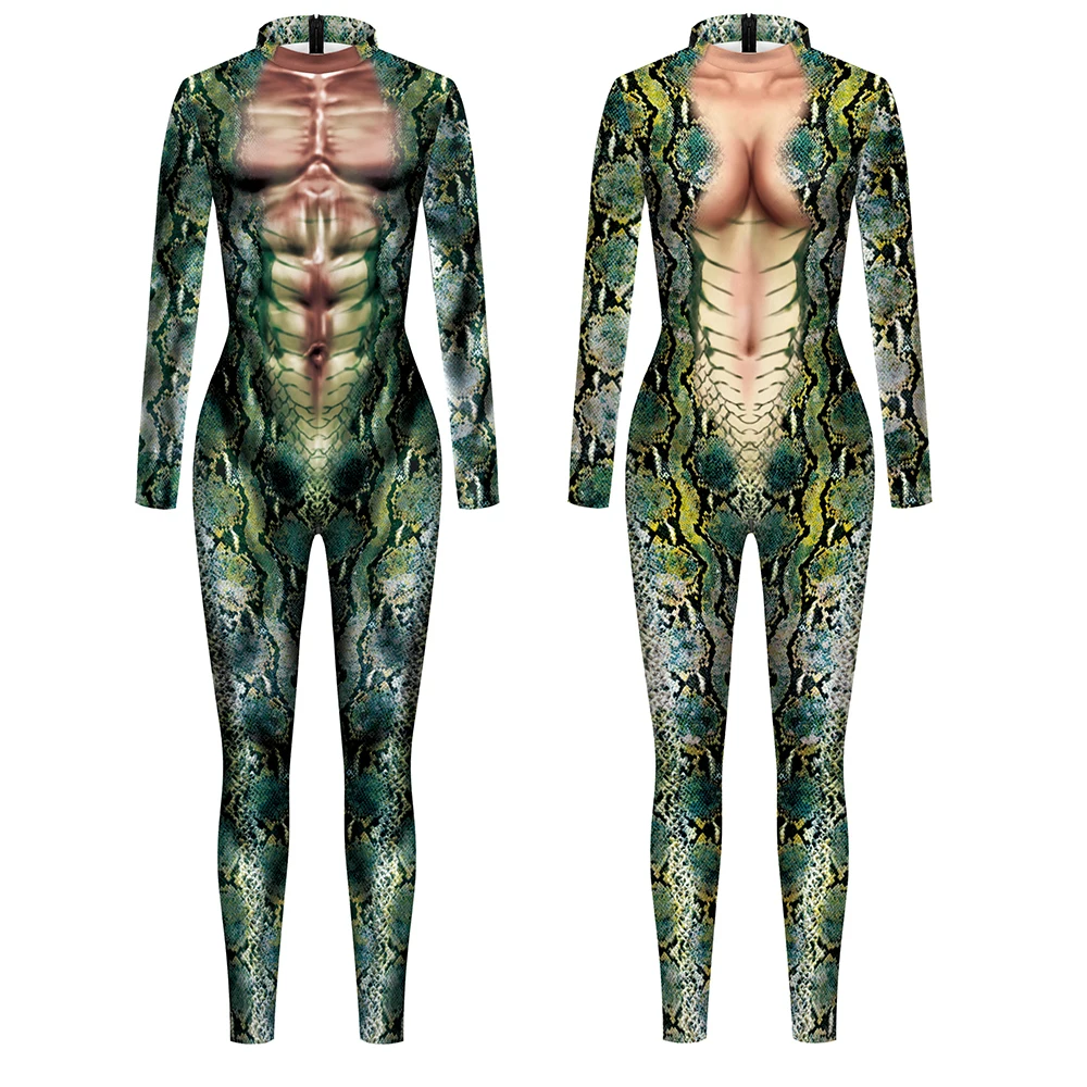 

Zawaland Snake Print Catsuit Halloween Cosplay Costume Adult Woman and Men Jumpsuit Carnival Party Clothes Animals Role Bodysuit