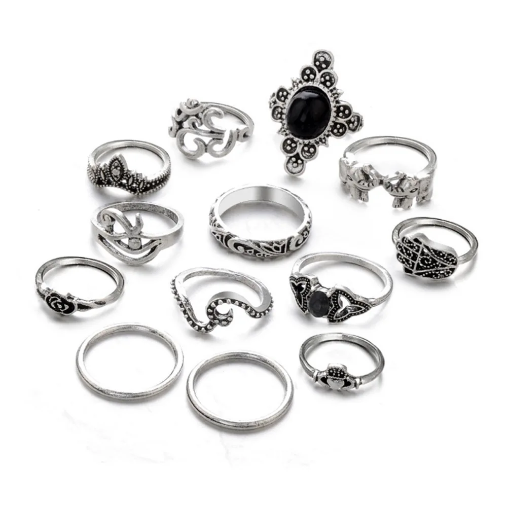 

Hand Jewelry Women's Vintage Antique Silver Palm Carved Elephant Black Gemstone Knuckle Rings 13-Piece Set